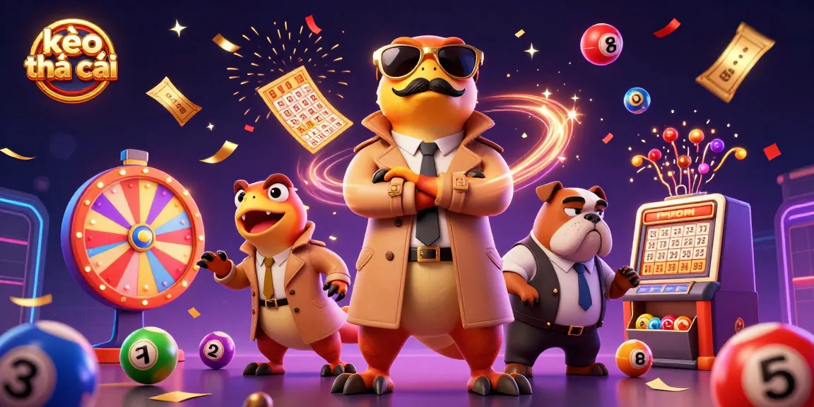 Experience the excitement of kèo nhà cái with animated lottery balls and a playful raptor scene in a colorful casino setting.
