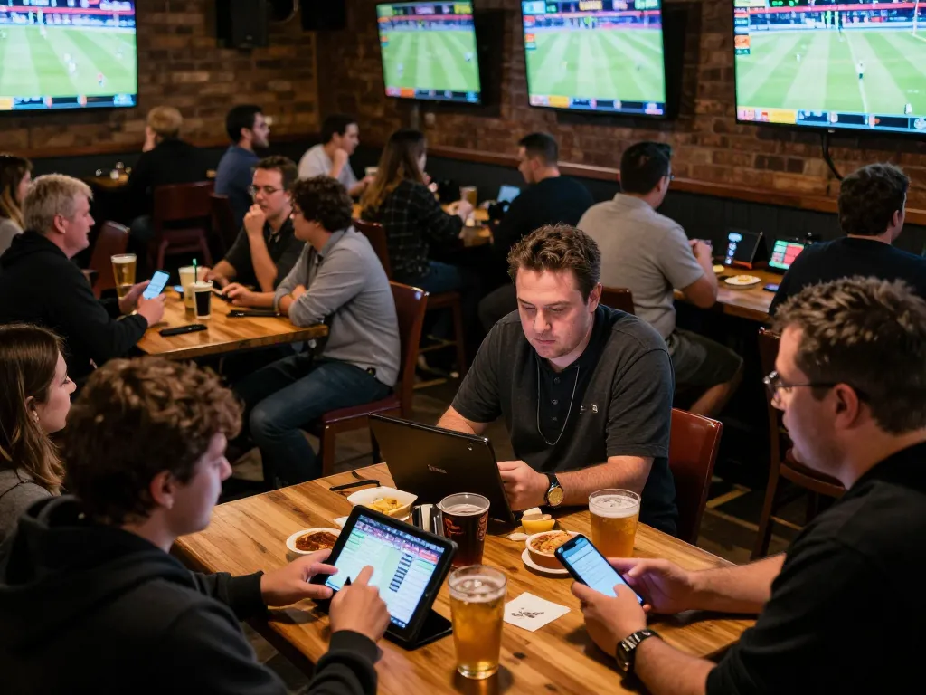 Kèo nhà cái hôm nay displayed as sports fans analyze betting odds in a lively bar atmosphere.