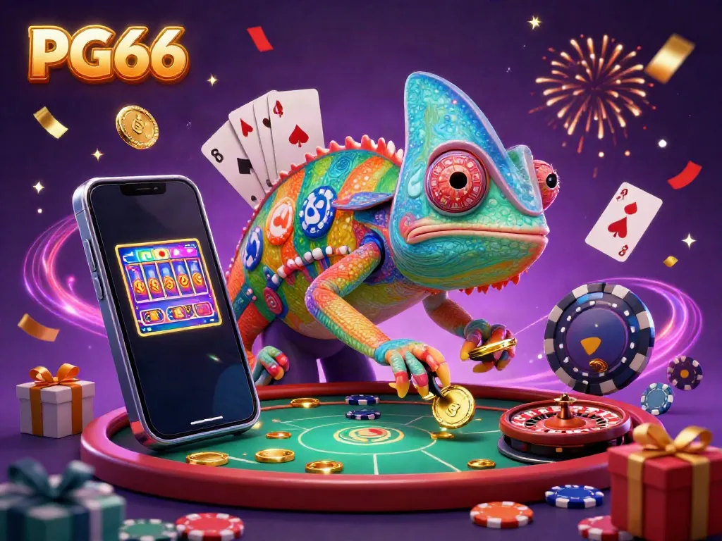 Experience the thrill of PG66 with a vibrant chameleon casino owner amidst exciting gaming elements, creating a dynamic gambling atmosphere.