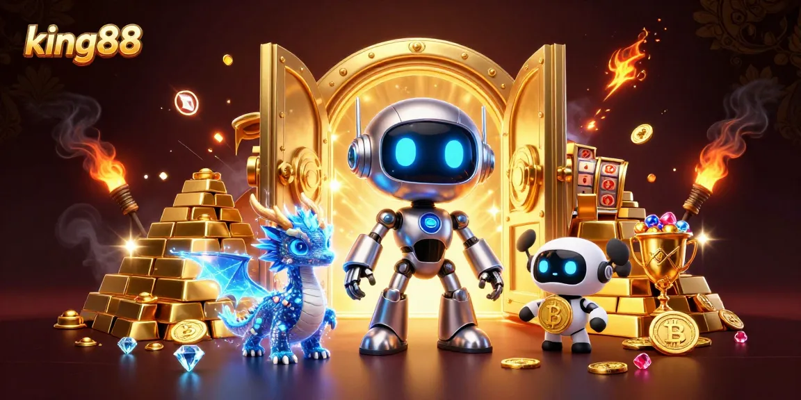 Experience the excitement at king88, featuring a vibrant casino scene with slots, gold, and high-tech companions.