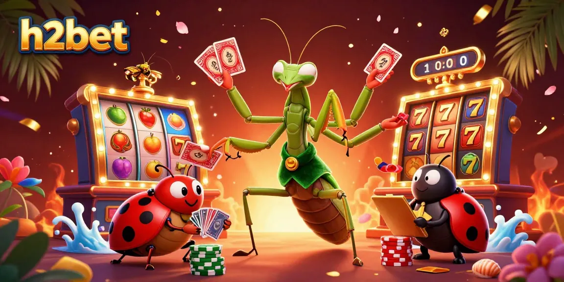 Jogue slots emocionantes no H2bet com uma cena vibrante de uma louva-a-deus e uma joaninha ao vivo.
