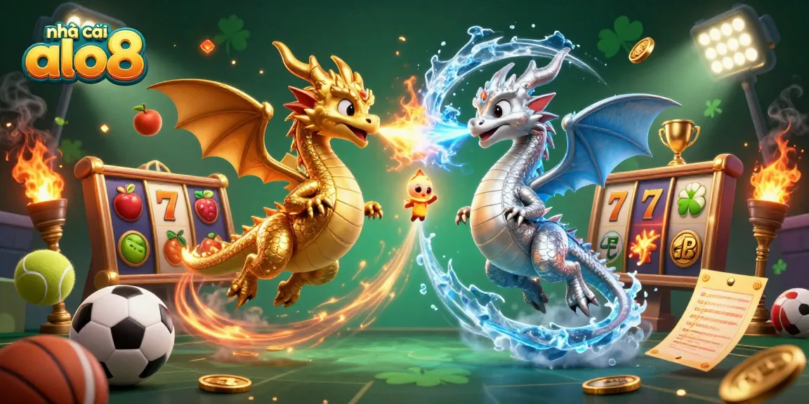 Engage with nhà cái alo8 through a dynamic 3D casino illustration featuring golden and silver dragons.