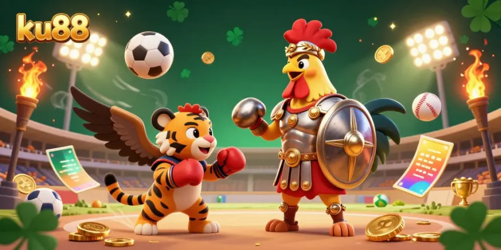 Experience the excitement of ku88 with a dynamic 3D illustration featuring a gladiator rooster, a tiger cub, and sports elements.