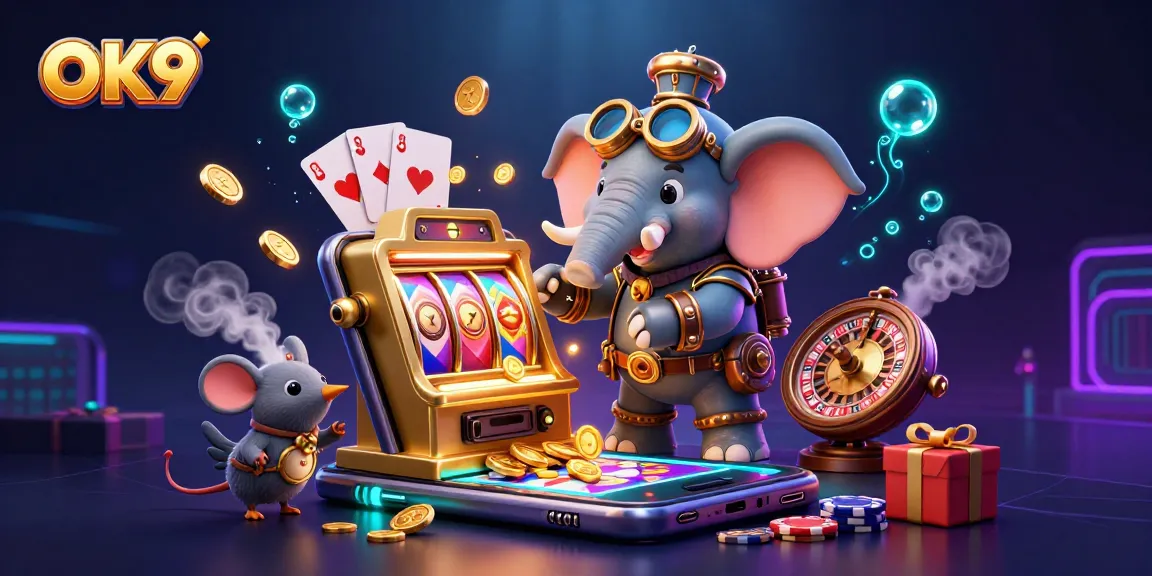 Experience thrilling gaming at OK9, featuring vibrant 3D characters and casino elements surrounding a dynamic slot machine.
