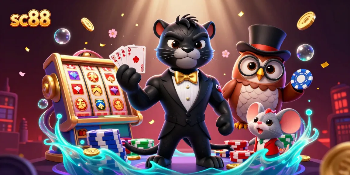Win big at SC88 with a stylish black panther dealer and playful characters in a vibrant casino scene.