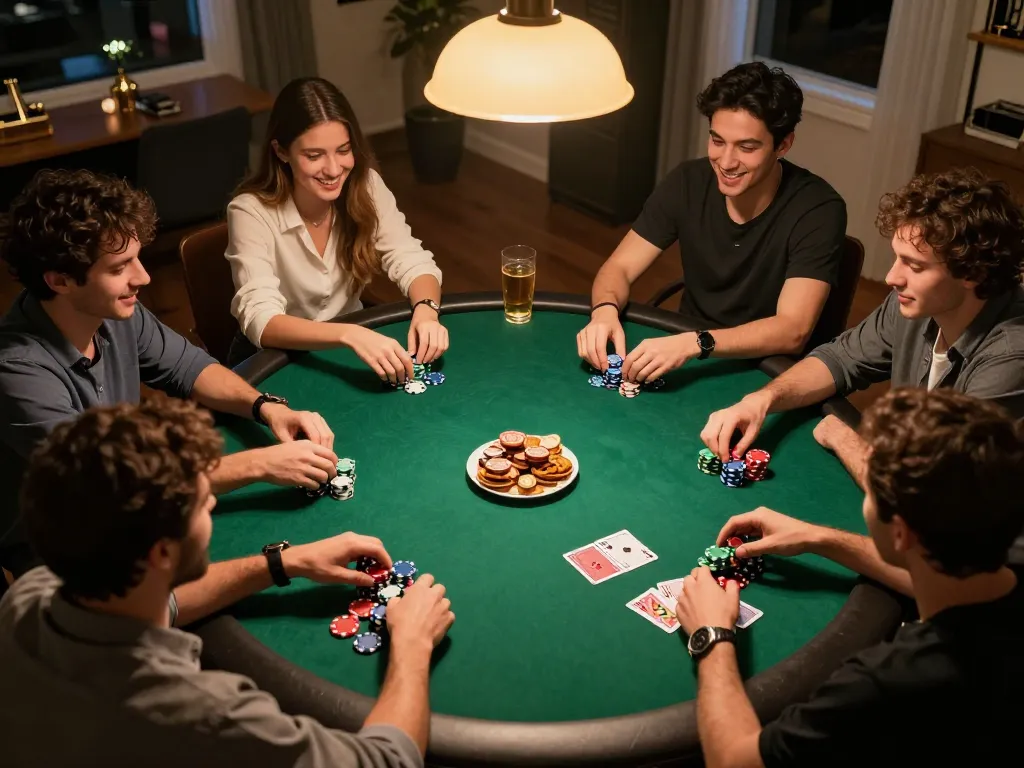 Friends enjoying a thrilling poker night with 199bet cards and chips, fostering friendly competition.