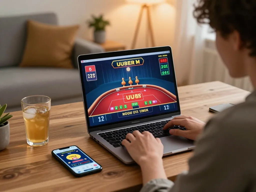 Player enjoying a thrilling uu88 online casino session on a laptop while sipping a drink.