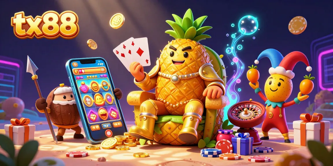 tx88 brings excitement to the casino scene with a golden pineapple king, vibrant games, and swirling action.