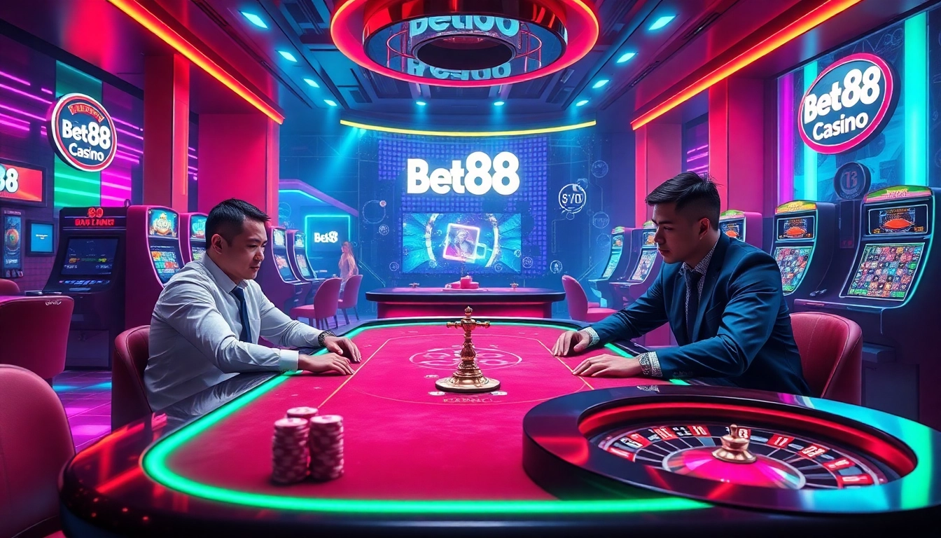 Experience Bet88 đăng nhập with vibrant casino gaming scene featuring poker, slots, and roulette.