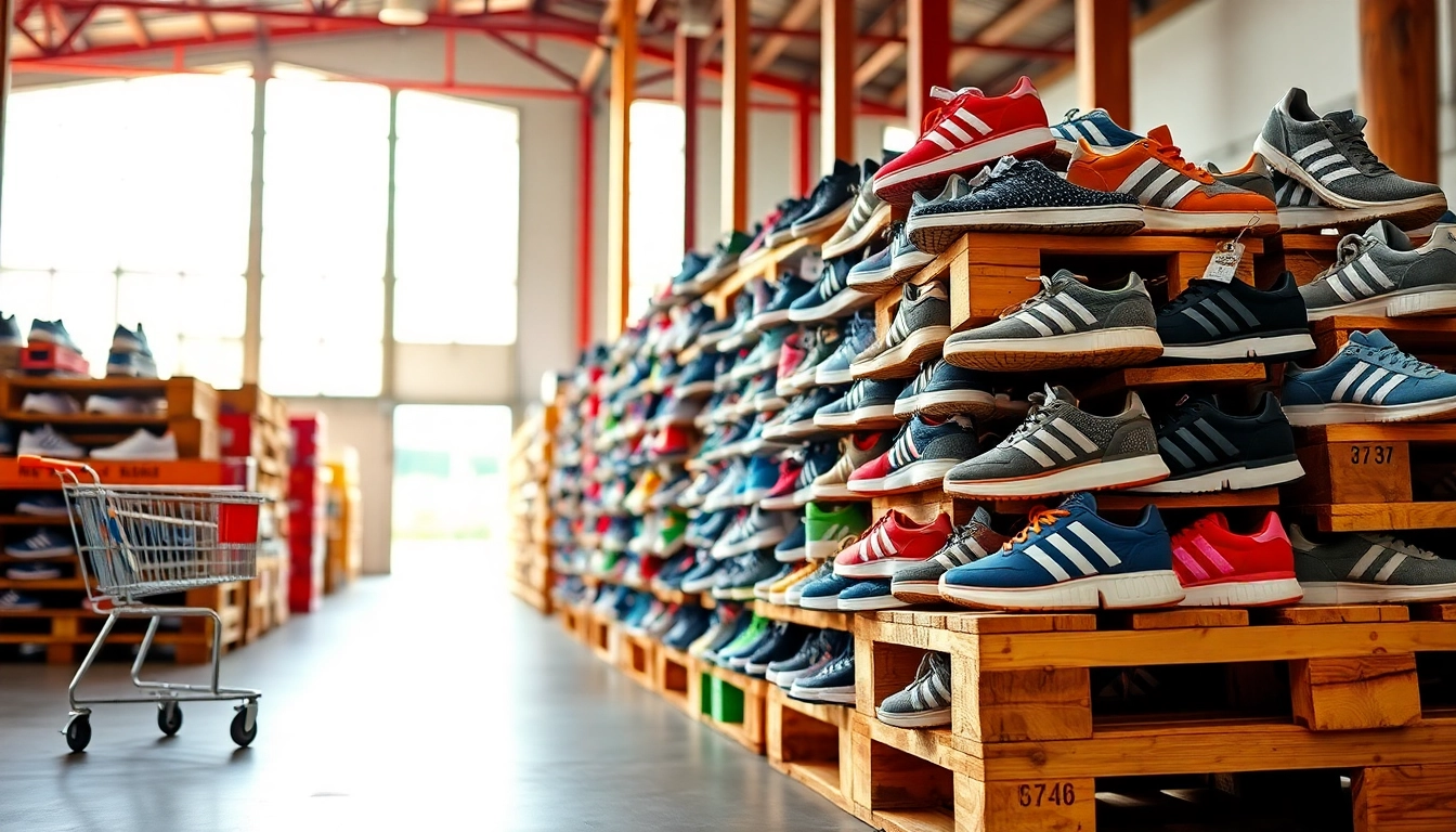 Showcasing Best Adidas Shoe Pallets with 100 pairs of colorful sneakers stacked for retail.