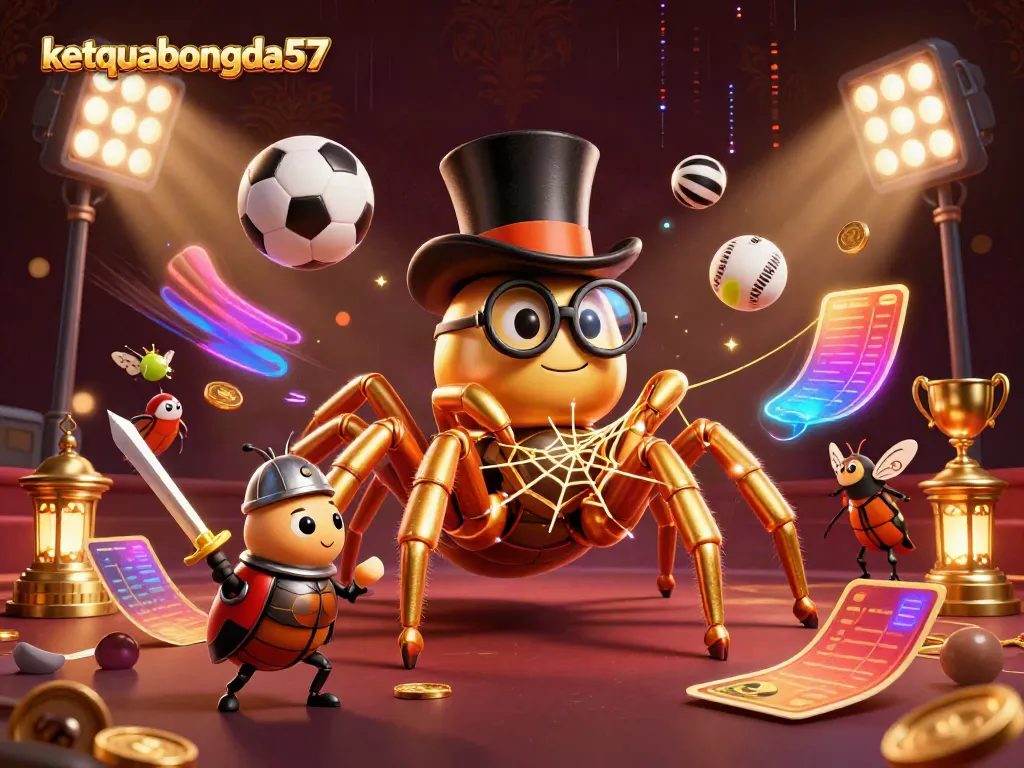 Follow live scores and updates at ketquabongda57 with vibrant 3D casino-themed elements and characters.
