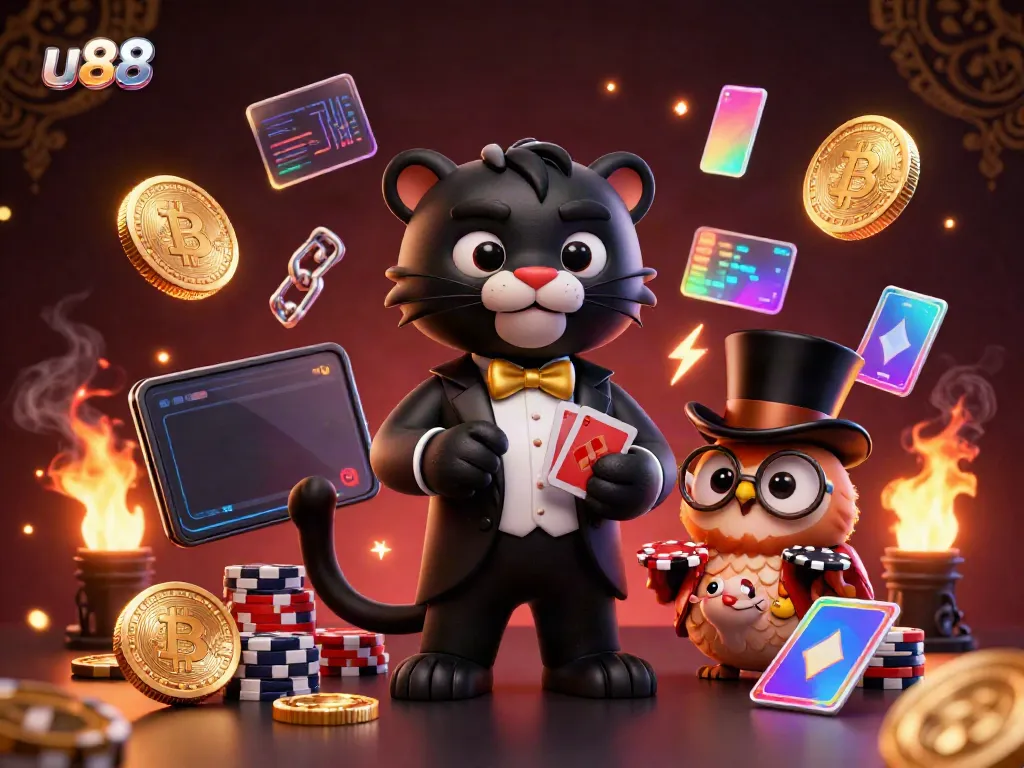 Play poker with u88 in a vibrant casino scene featuring a tuxedoed panther and a poker owl.