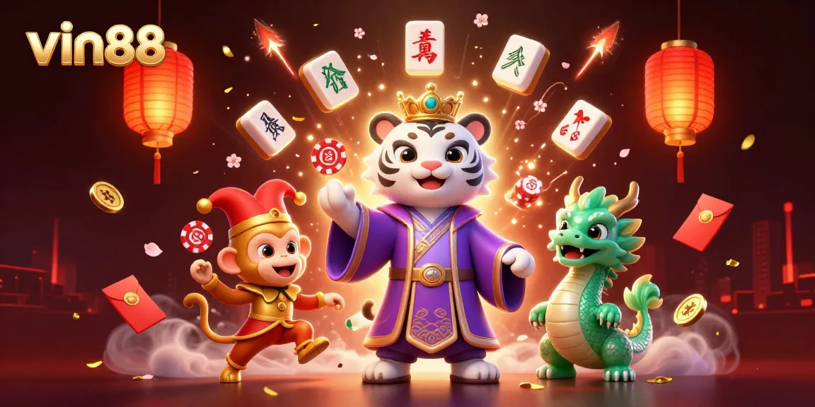 Experience vin88 with a vibrant, detailed 3D scene featuring casino elements and playful characters.
