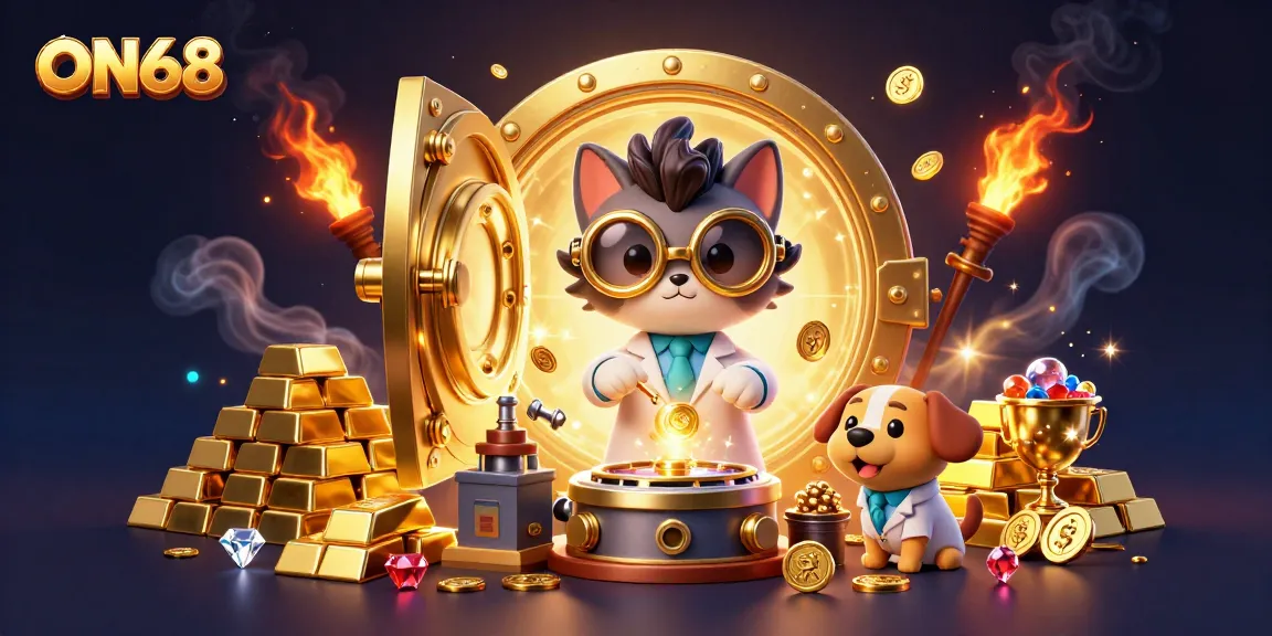 Experience thrilling gaming at ON68 with a dynamic 3D illustration of a mad scientist cat creating gold coins.