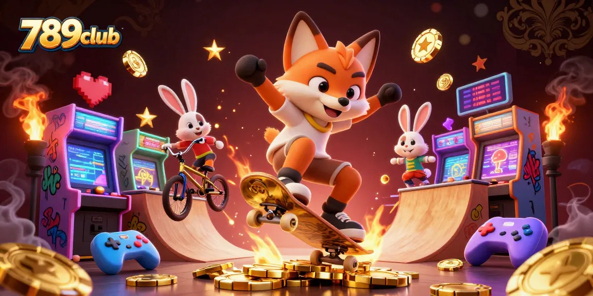 789club skateboarder fox and BMX rabbit tricking in a vibrant casino arcade