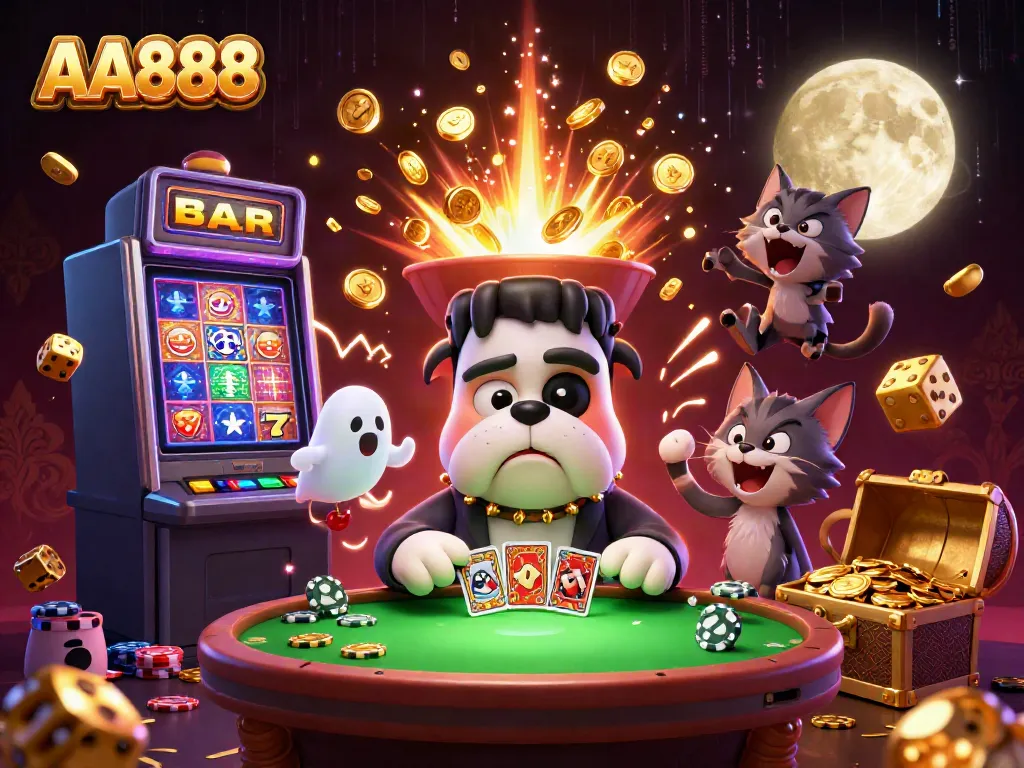 Experience thrilling gameplay with AA888 as a cartoon bulldog dealer surrounded by casino elements.