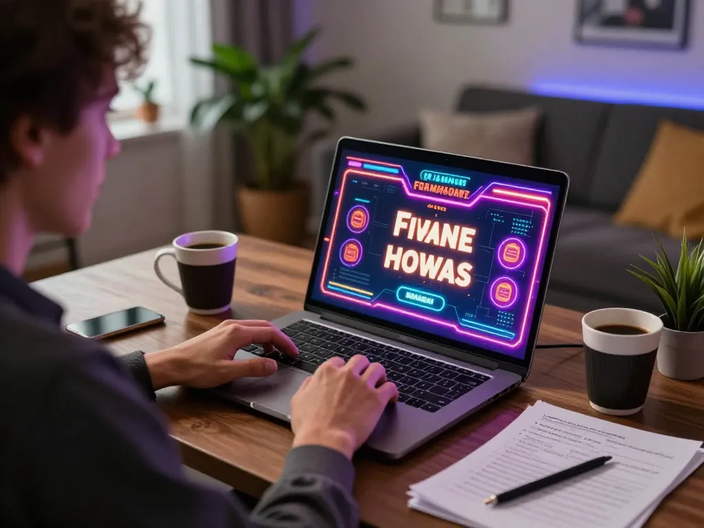 Engaging in online gameplay at Jogoluck, featuring vibrant neon lights and a cozy home office setup.