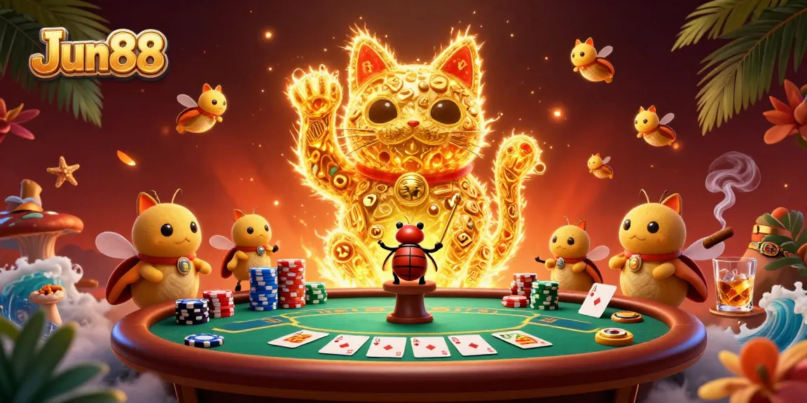 Experience thrilling moments with Jun88 as a lucky cat swirls amongst vibrant casino symbols and poker elements