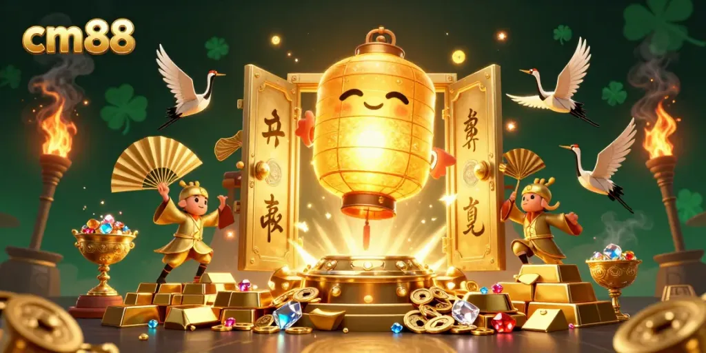 Experience fortune at cm88 with a glowing lantern spirit, lucky symbols, and treasures overflowing in this enchanting scene.