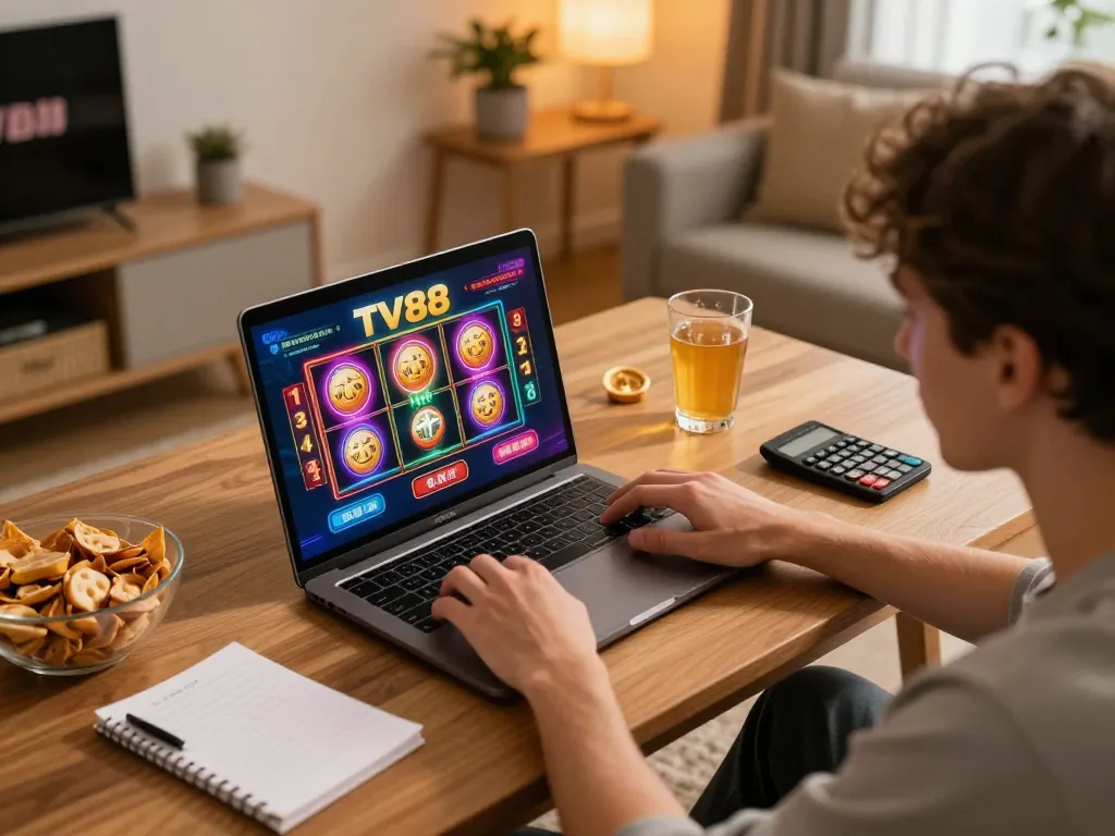 Engaging in thrilling TV88 online casino games with strategic notes at home.