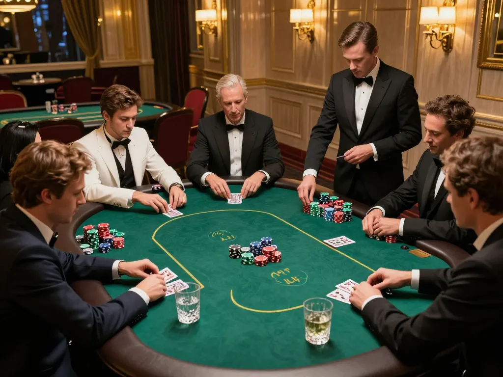 Engaged players at 27G poker table strategizing during high-stakes game.