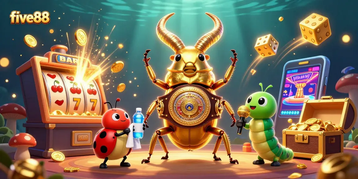 Join the five88 gaming excitement with a dynamic scene of casino action featuring vibrant characters and thrilling elements.