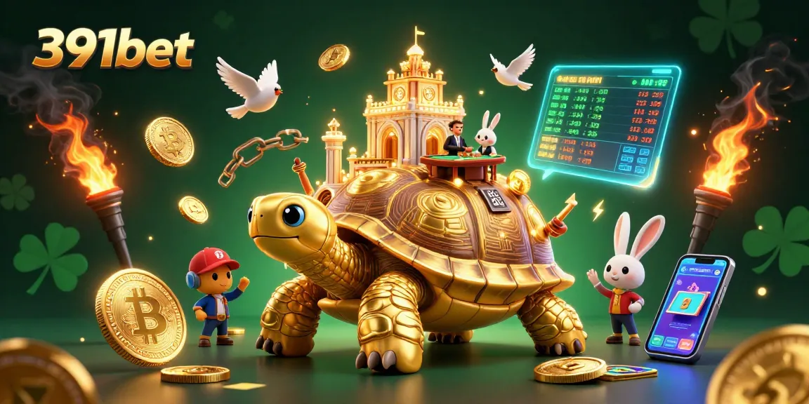 Experience thrilling gaming with 391bet in a vibrant 3D casino illustration featuring a golden tortoise and a rabbit dealer.