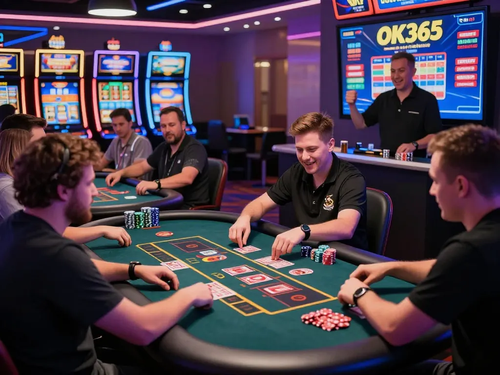 Engaging online gaming atmosphere at OK365 casino with diverse players and vibrant slot machines.