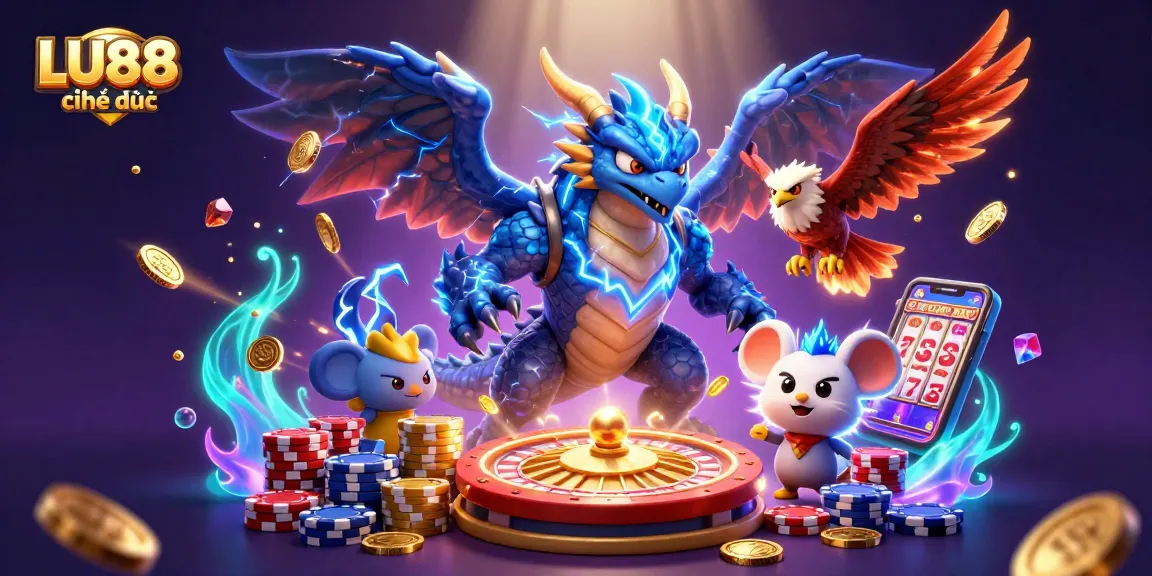 LU88 chính thức showcases thrilling action with a dynamic scene featuring a powerful dragon, sparkling gems, and colorful poker chips.