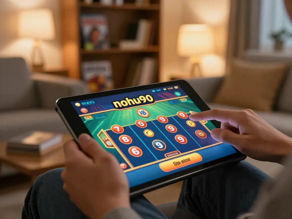 Nohu90 player engaging with a mobile casino app in a cozy living room during game time