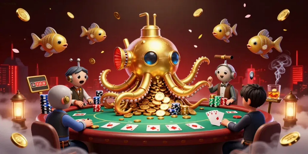 Join the man88 adventure with a golden kraken submarine and vibrant casino elements.
