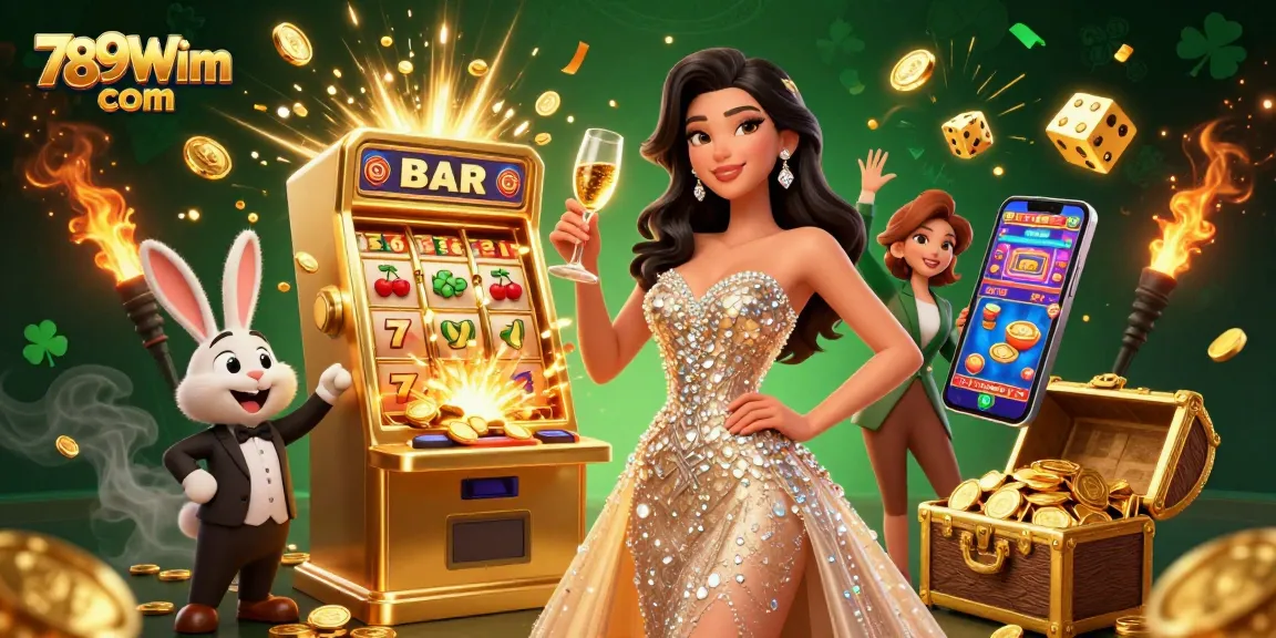 Experience the thrill of winning with 789Wim com in a vibrant casino scene with slot machines and festive elements.