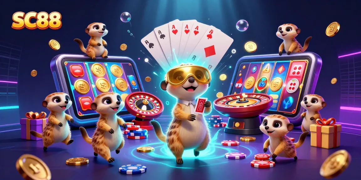 Engage with SC88's exciting casino adventure featuring meerkats managing thrilling games and slots.