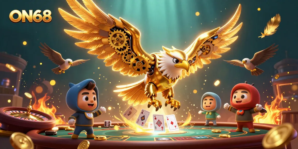Experience the thrill of betting at ON68's immersive casino with cybernetic golden eagle amid vibrant 3D action.