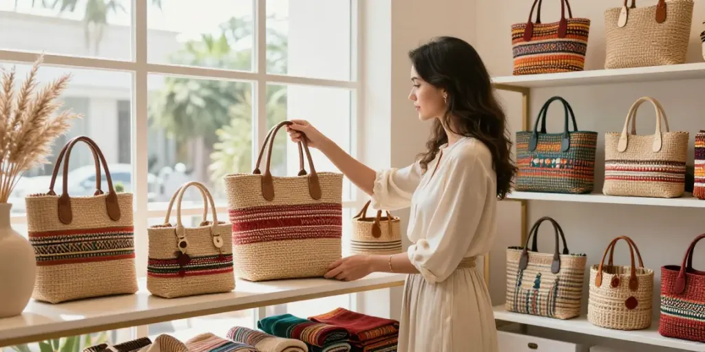 Artisan crafted raphia bags displayed in a boutique with warm natural lighting.