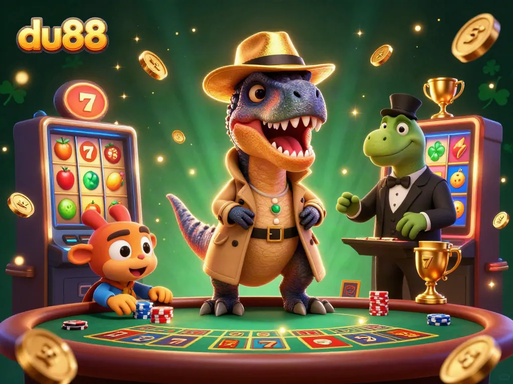 Experience the thrill of du88 gaming with cartoon dinosaurs at the blackjack table amidst slot machine excitement.