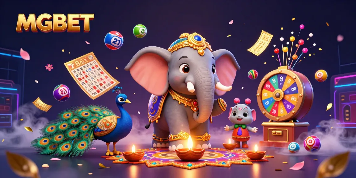 MGBET's colorful 3D illustration showcasing a vibrant casino scene with a Diwali elephant and dynamic gambling elements.