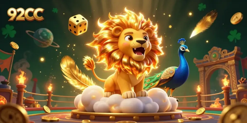 Experience winning with 92CC in a vibrant digital casino scene filled with golden dice and animated characters.