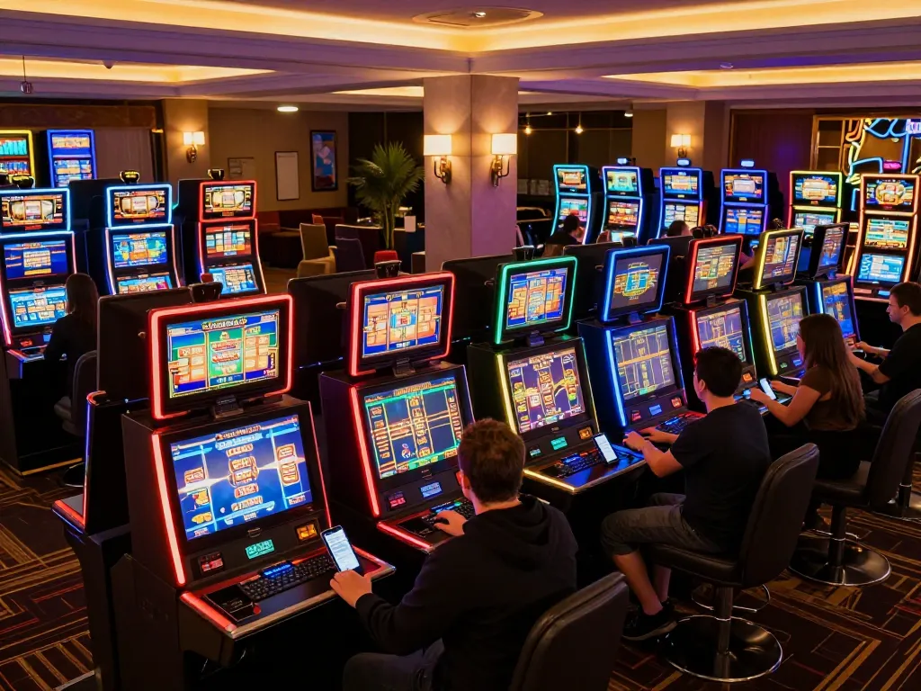 Players enjoying various games at QQ88's online casino setup with engaging interfaces and vibrant lighting