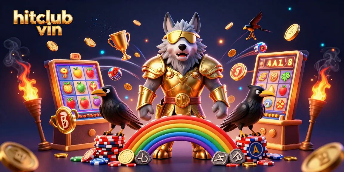 Experience the thrill of hitclub vin with Odin's wolf and dynamic slot action in a vibrant casino scene.