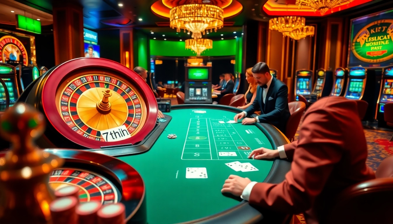 Exciting casino scene showcasing 7hh elements with poker tables, chips, and a roulette wheel.