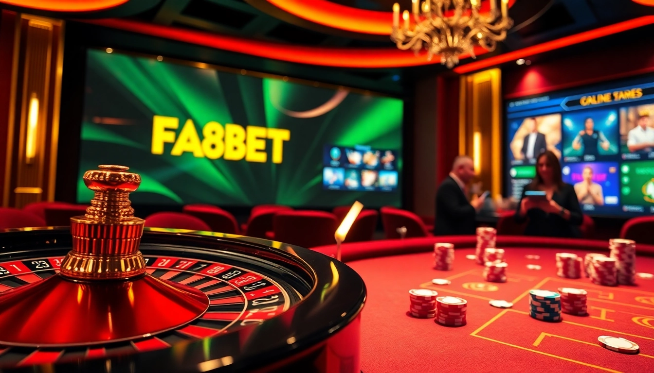 Experience the luxury of F8BET with vibrant gambling visuals featuring poker chips, roulette, and online gaming.