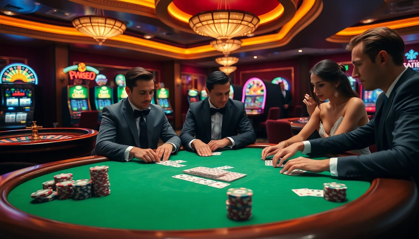 Engaging scene of five88 vip players at a high-stakes poker table surrounded by vibrant casino elements.