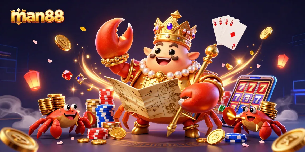 Experience the excitement at man88 with a giant golden crab emperor leading a vibrant casino scene.