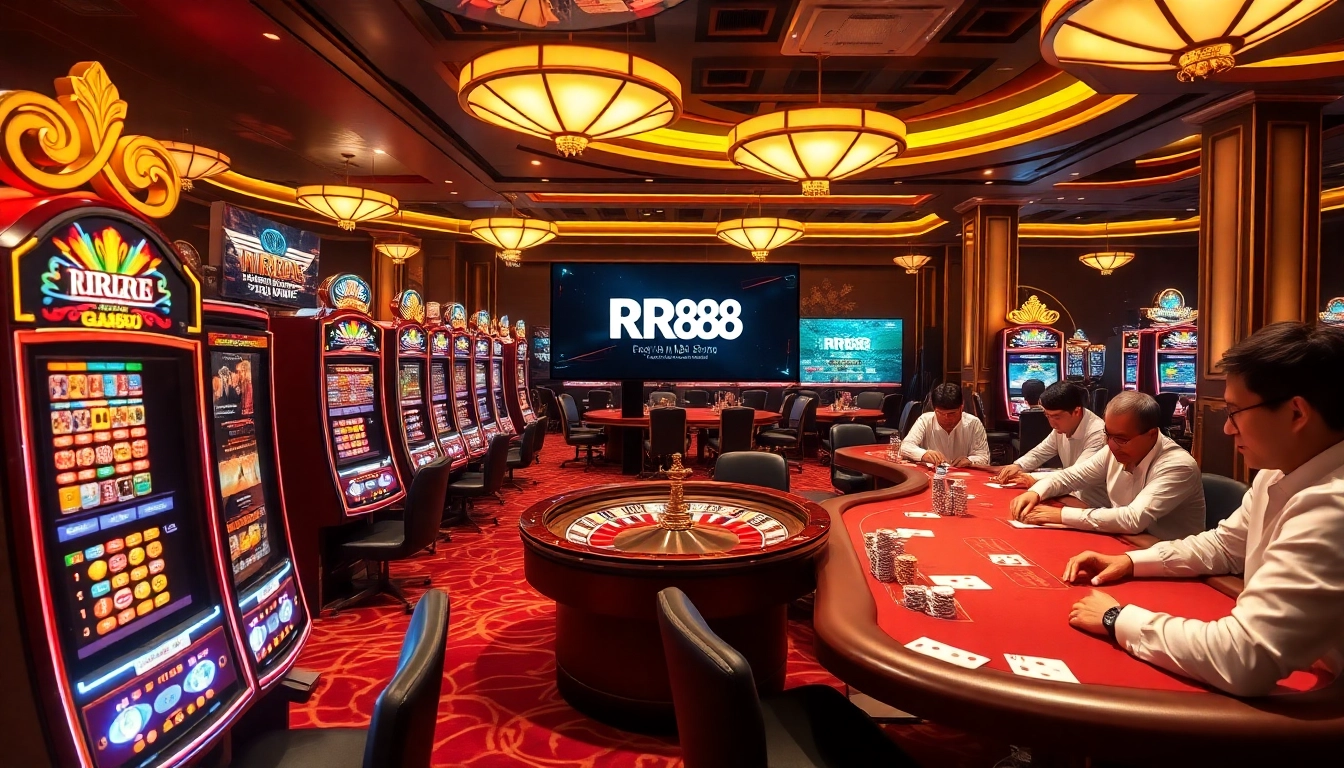 Experience RR88's thrilling casino atmosphere with engaging players and vibrant gaming elements.