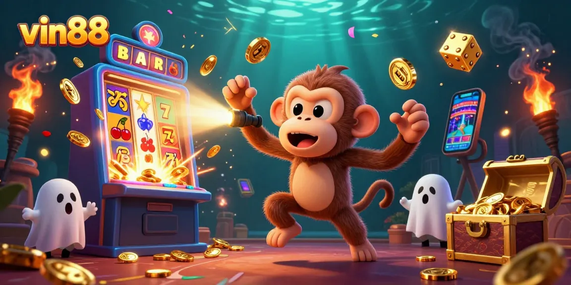 Experience the vibrant world of vin88 with ghost-hunter puppy and mischievous poltergeist in a dynamic casino.