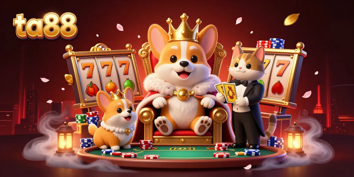 Experience the glamorous ta88 gaming scene with a royal corgi on a poker chip throne surrounded by exciting casino elements.