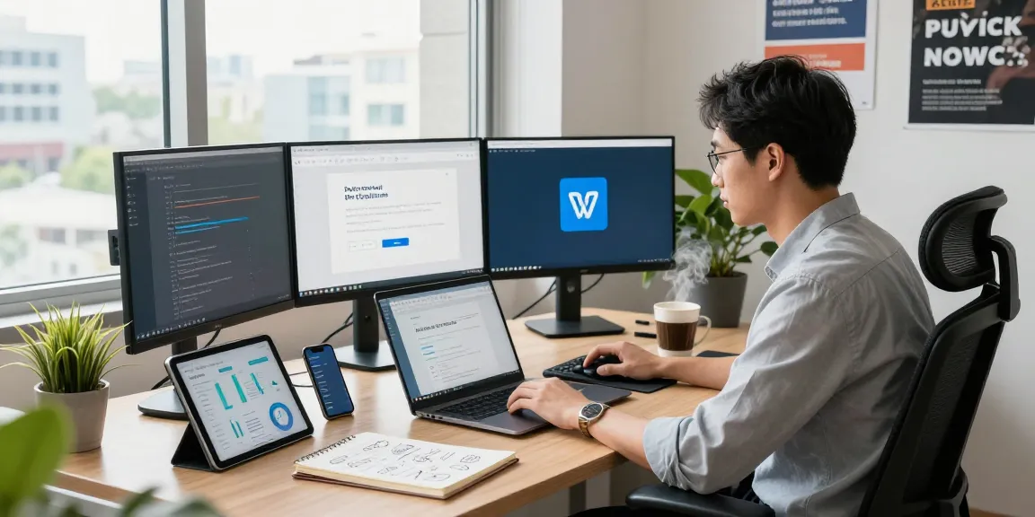Download WPS Office software in a modern office setting with a professional focused on productivity tools.