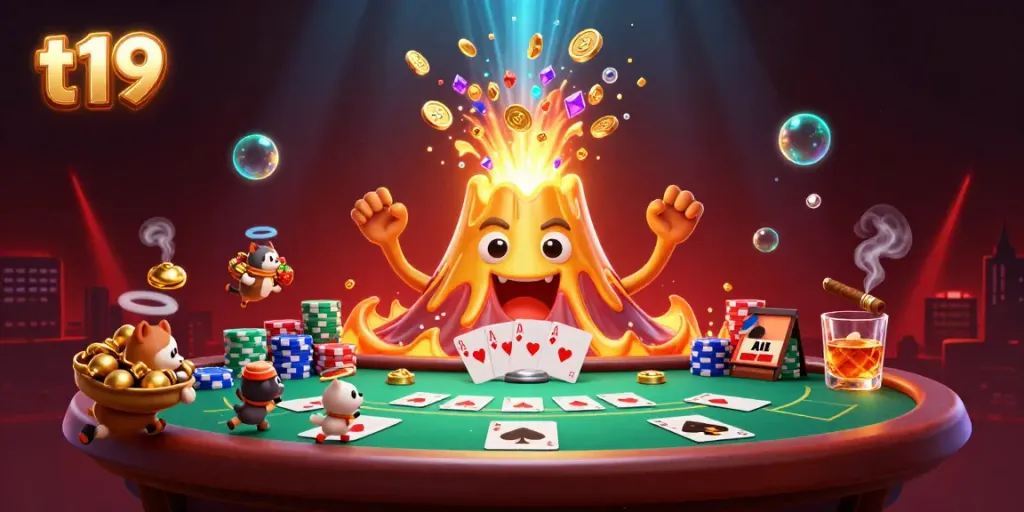 Experience thrilling plays and treasures at t19, featuring a golden volcano erupting with coins and poker games.