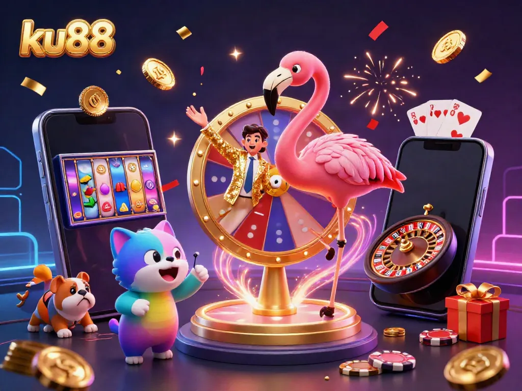 Experience the thrill of winning with ku88, featuring a game show host flamingo, excited bulldog contestant, and casino elements.